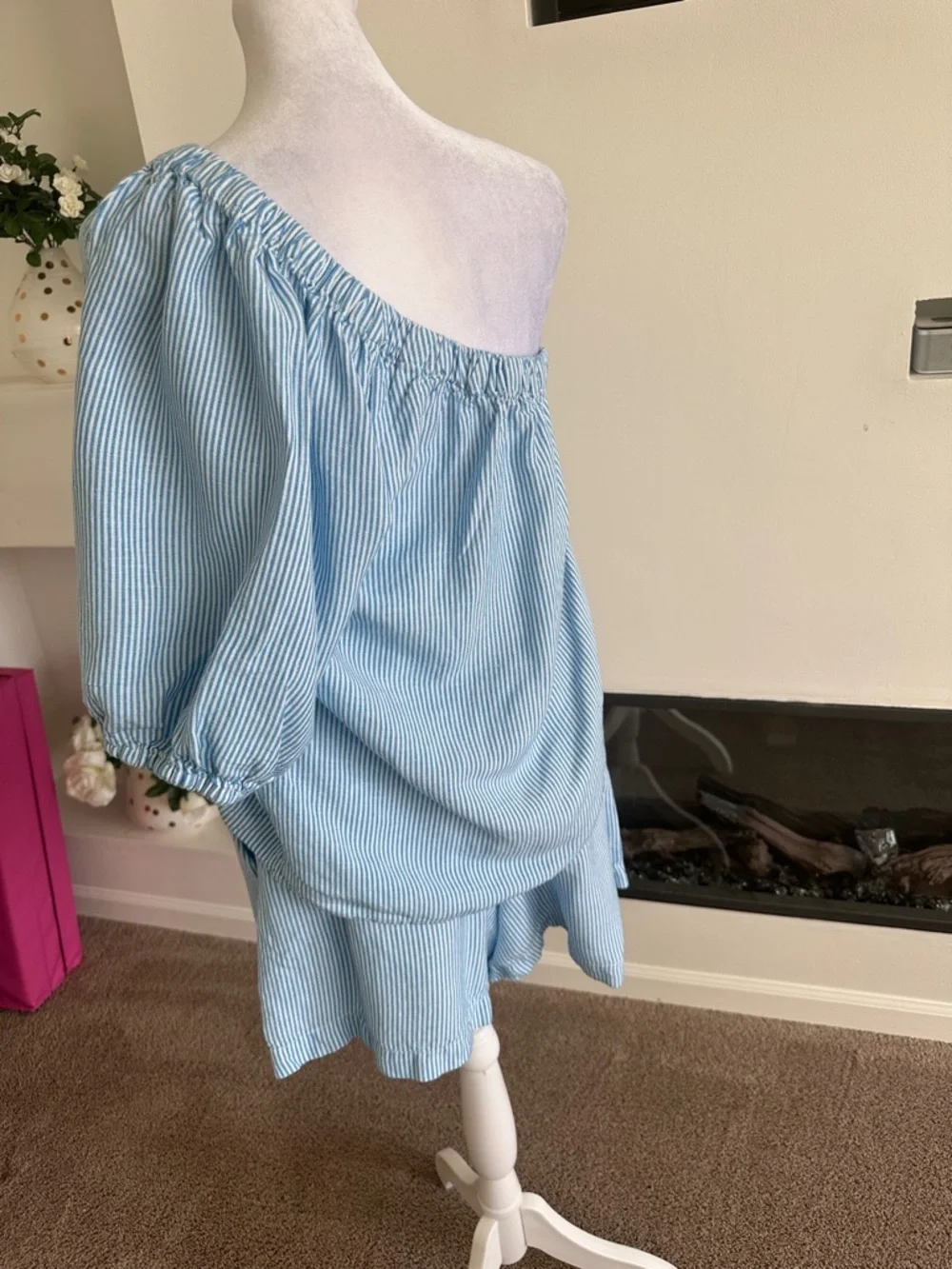 LOFT Light Blue & White Striped One-Shoulder set blouse and short